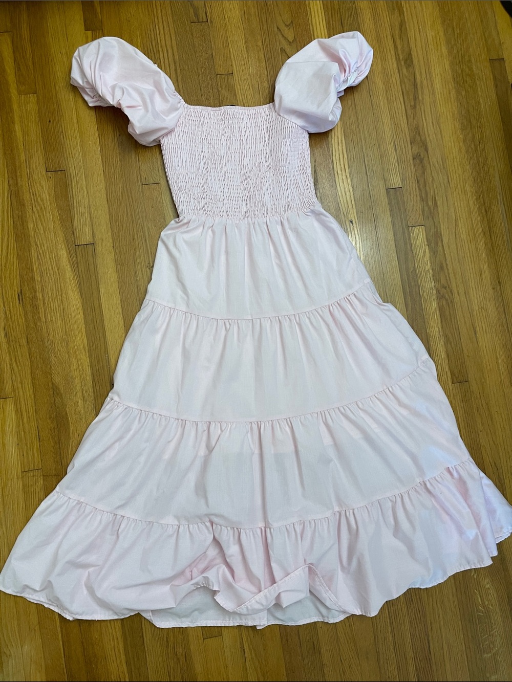Pink Puff-Sleeve Tiered Dress